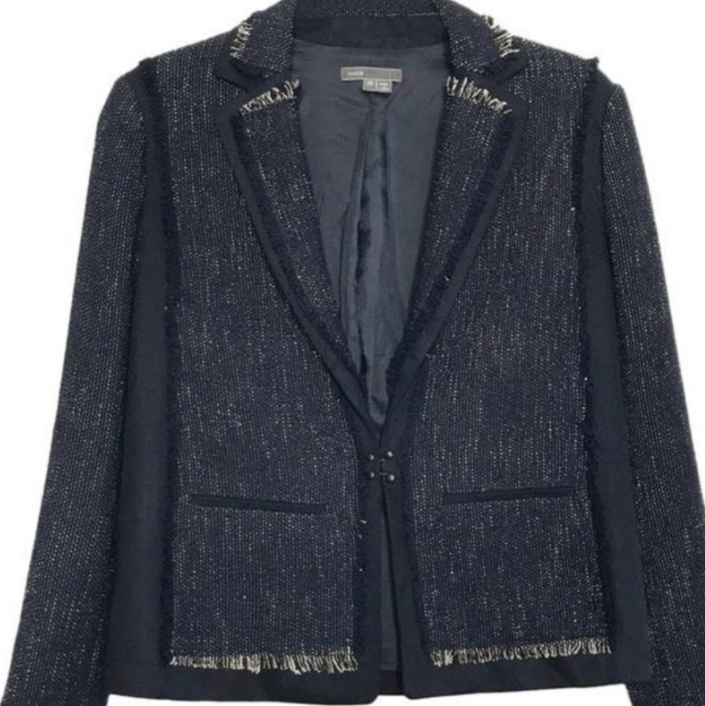 Vince Women's Navy Blue Soft Bouckle Fringe Tweed Blazer - Picture 2 of 10